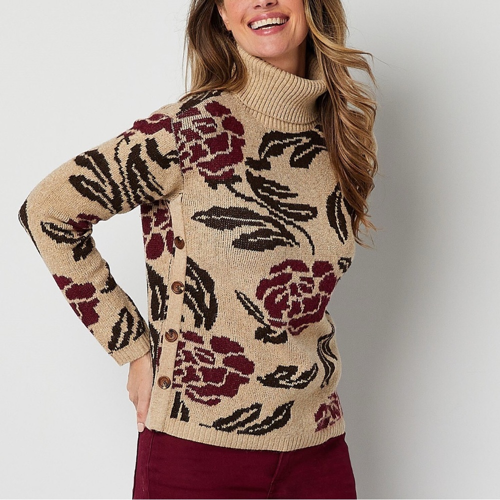 St. John's Bay Floral Knit Sweater - Tan and Burgundy
